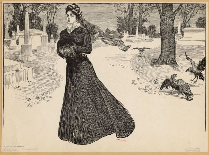 Widow Walking Through a Cemetery